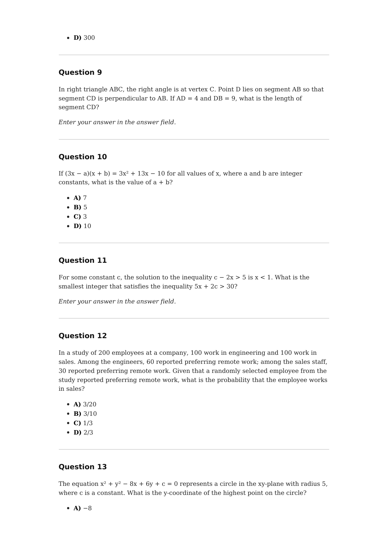 Sample Math questions from 1600 SAT Lab Practice Test 1